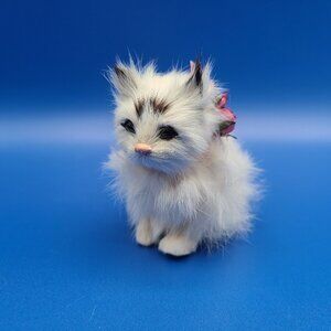 Sweet Vintage Rabbit Fur Kitten Figurine Grey White Longhair Flower Accent 4"L